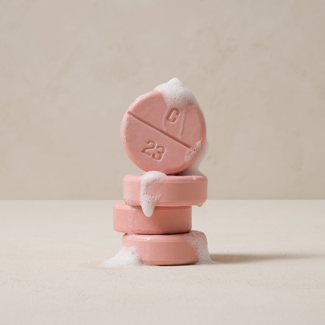 Pink soaps with lather stacked irregularly