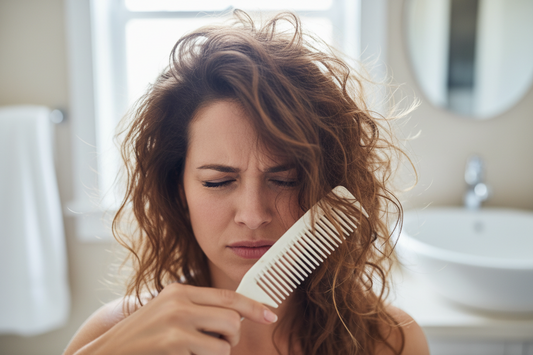 Frustrated woman with tangled hair: Caused by low-quality, $\text{pH}$-unbalanced shampoo