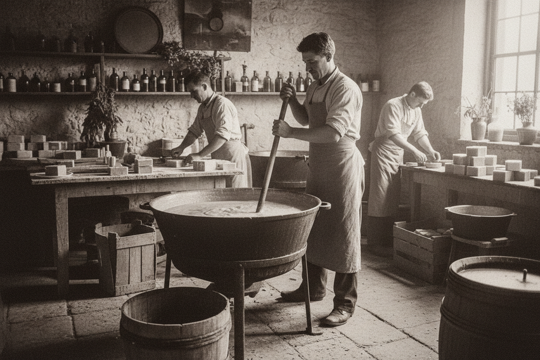 A photograph of a long-established workshop where cold-process soap is being made