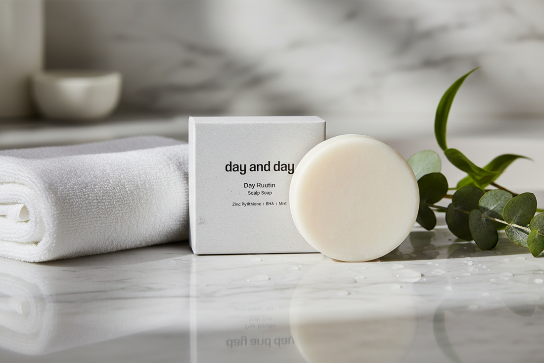 Day and Day Scalp Soap in a spa lifestyle setting with eucalyptus and white towel