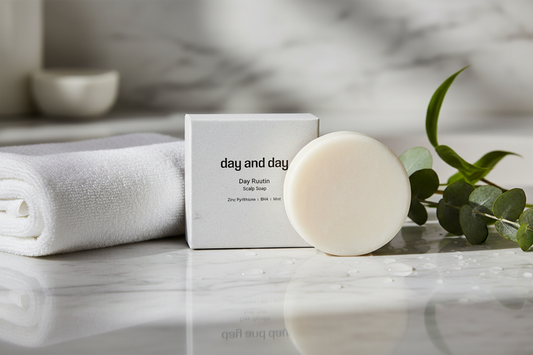 Day and Day Scalp Soap in a spa lifestyle setting with eucalyptus and white towel